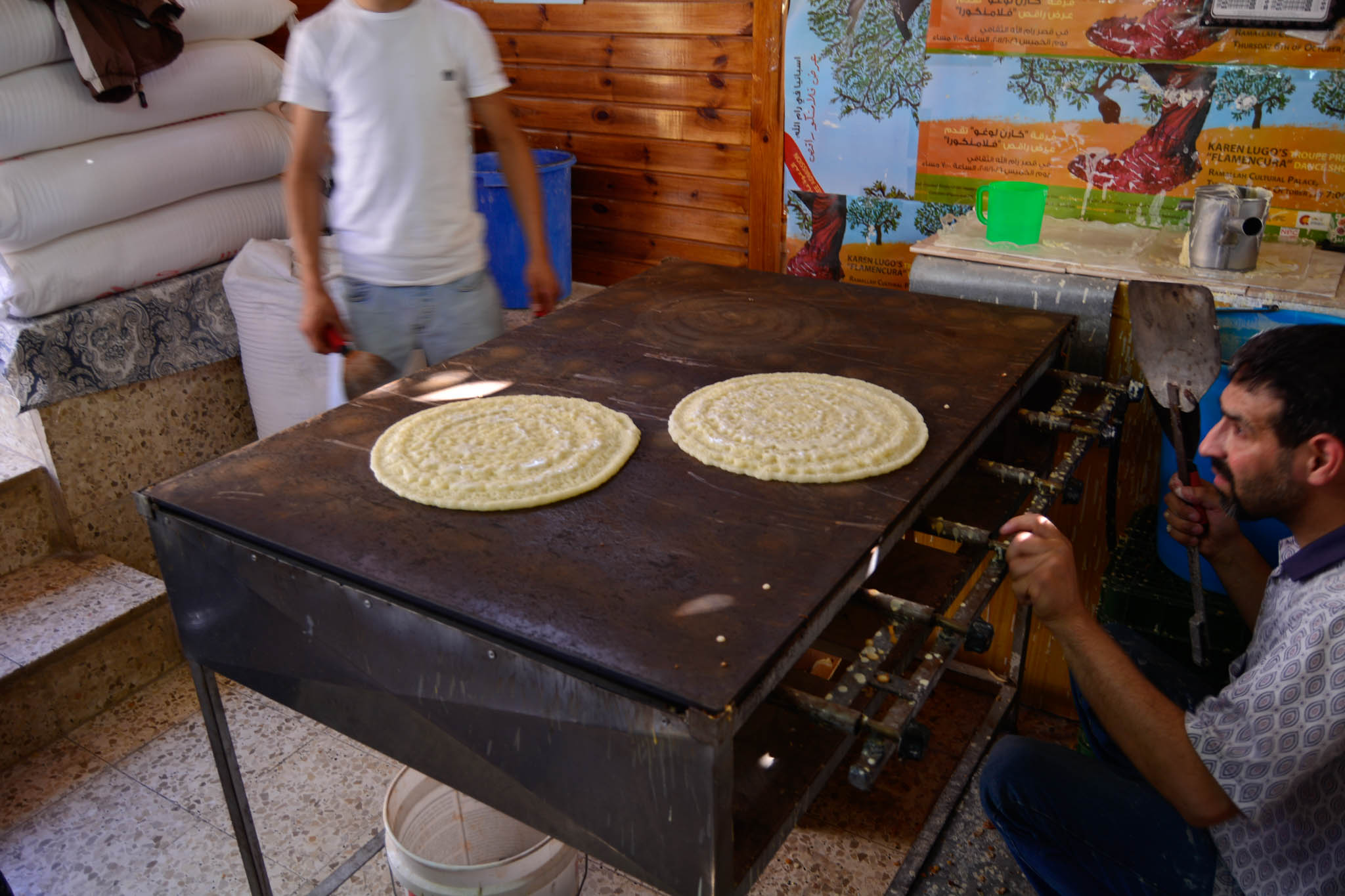 A visit to Ramallah with Fareed Ta'amallah Traditional Kanafe Base being made a nearby home industry